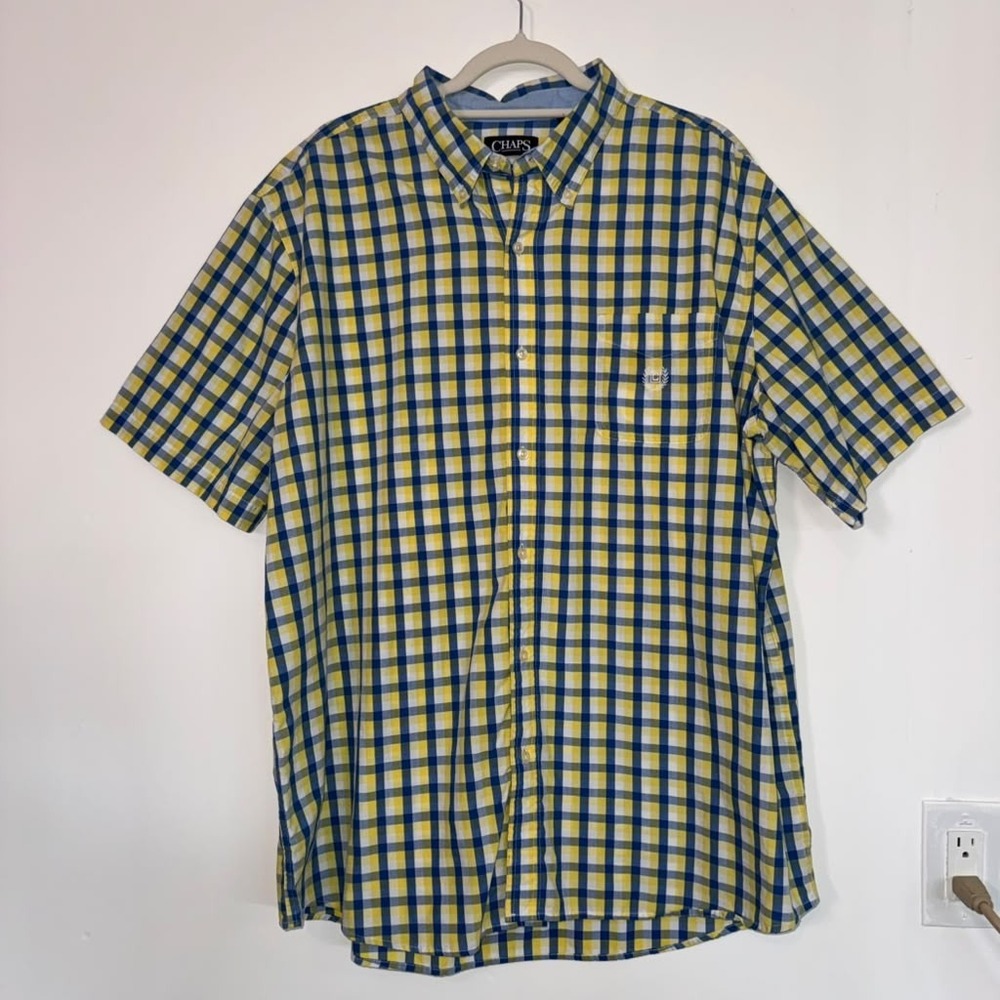 Chaps Easy Care Men's Sz XXL Button Up Shirt Short Sleeves Plaid Yellow Casual